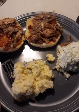 A picture of Carolina style slow cooker pulled pork.