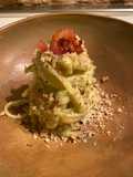 Spaghettoni porri e gorgonzola con noci e guanciale