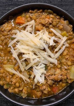 A picture of Lentil Soup with Sausage.