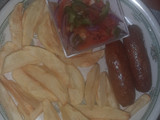 Fries, sausage and kachumbari
