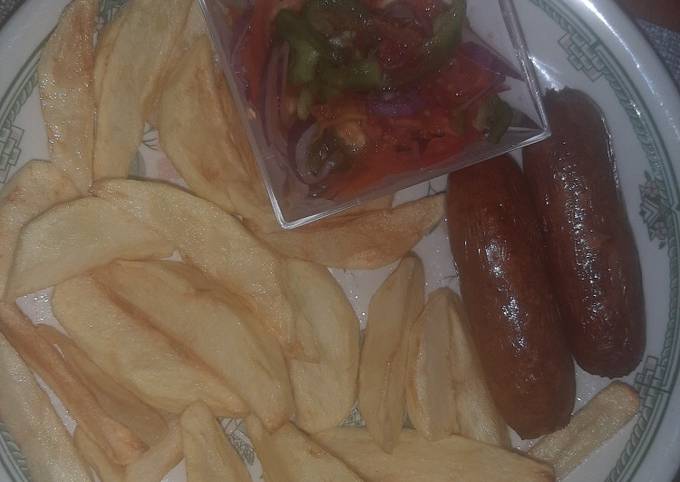 Fries, sausage and kachumbari