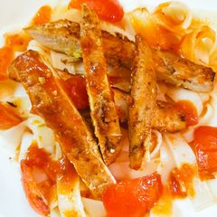 A picture of Tri Colour Grilled Chicken with Rice Noodles.