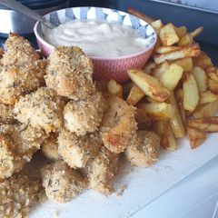 A picture of Chicken Nuggets & Chips with Bacon & Miso Mayo.