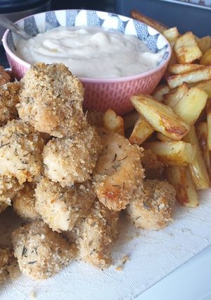 A picture of Chicken Nuggets & Chips with Bacon & Miso Mayo.