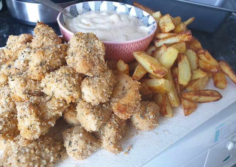 Recipe of Super Quick Homemade Chicken Nuggets &amp; Chips with Bacon &amp; Miso Mayo