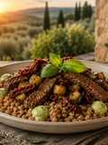 Vitello al Basilico con Farro Antico, Melanzana Bianca e Velluto di Banana