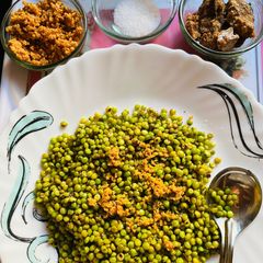 A picture of Roasted Hurda with Peanut Chutani Salted Hing and Jaggery.