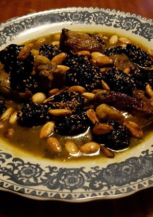 A picture of Moroccan Lamb Tagine with Prunes and Almonds.