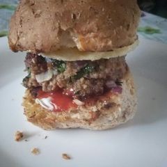 A picture of DIY beef burger with egg.