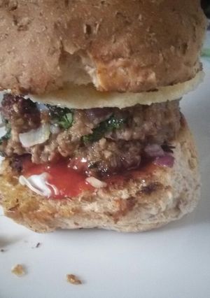 A picture of DIY beef burger with egg.
