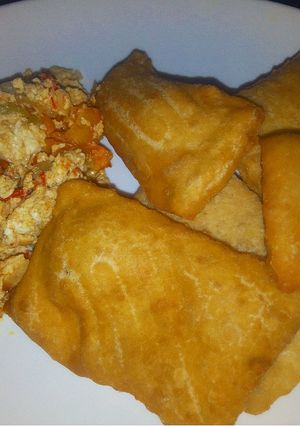 A picture of Patira with egg sauce.