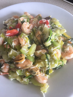 A picture of Seafood Stir Fry with Courgettes and Leeks.