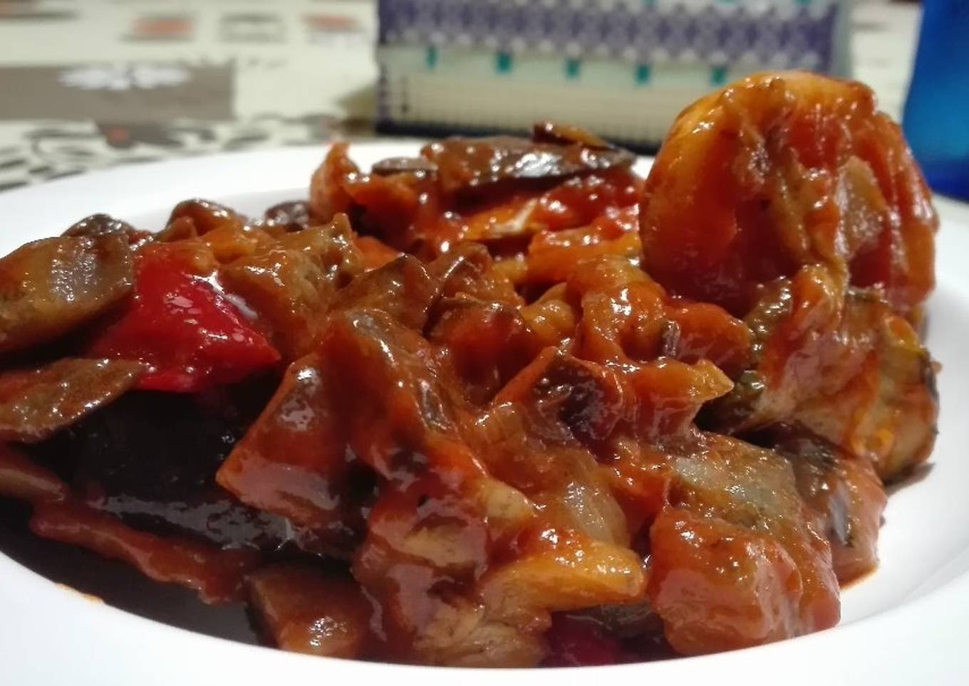 Pisto fácil de parrillada de verduras y gambas