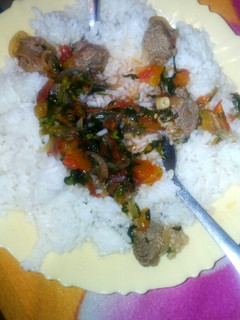A picture of Boiled rice served with beef stew #authormarathon#.
