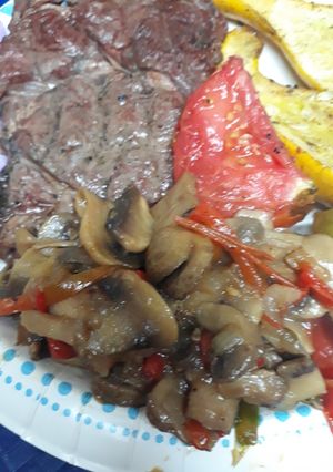 A picture of Mushrooms, Onions, and Peppers.