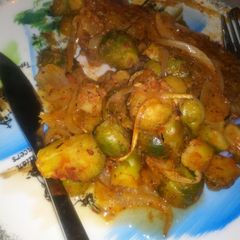 A picture of Anita's New York Steak- Sauteed Brussel Sprouts And Onions.