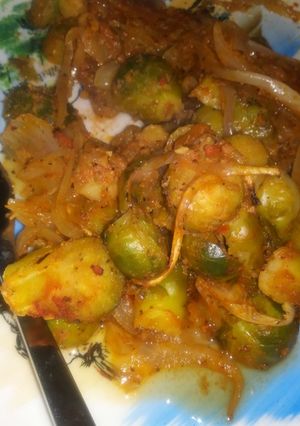 A picture of Anita's New York Steak- Sauteed Brussel Sprouts And Onions.