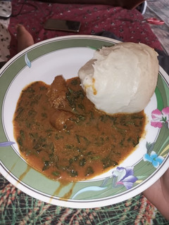 A picture of Pounded yam and ogbono soup.