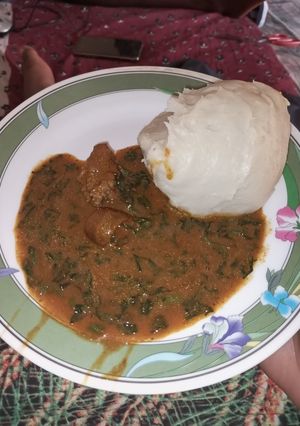 A picture of Pounded yam and ogbono soup.