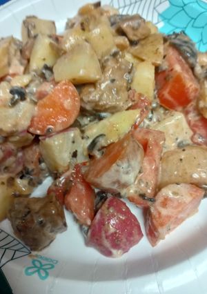 A picture of N. Y. Strip and Potato Salad.