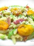 Malloreddus con crema di piselli, guanciale e datterini confit