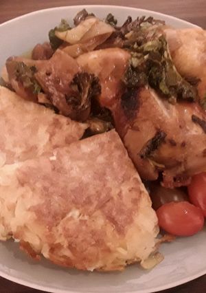 A picture of Sig's chicken with kaletts, pears and rosti.