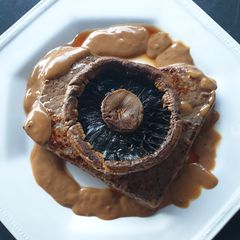 A picture of Minute steak with Portabella mushroom.