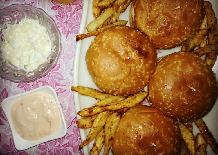 Chicken Burgers with garlic mayo sauce,coleslaw and french fries