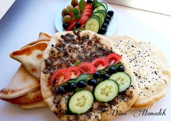 Manaich zaater (thyme) & cheese, Lebanese pizza,