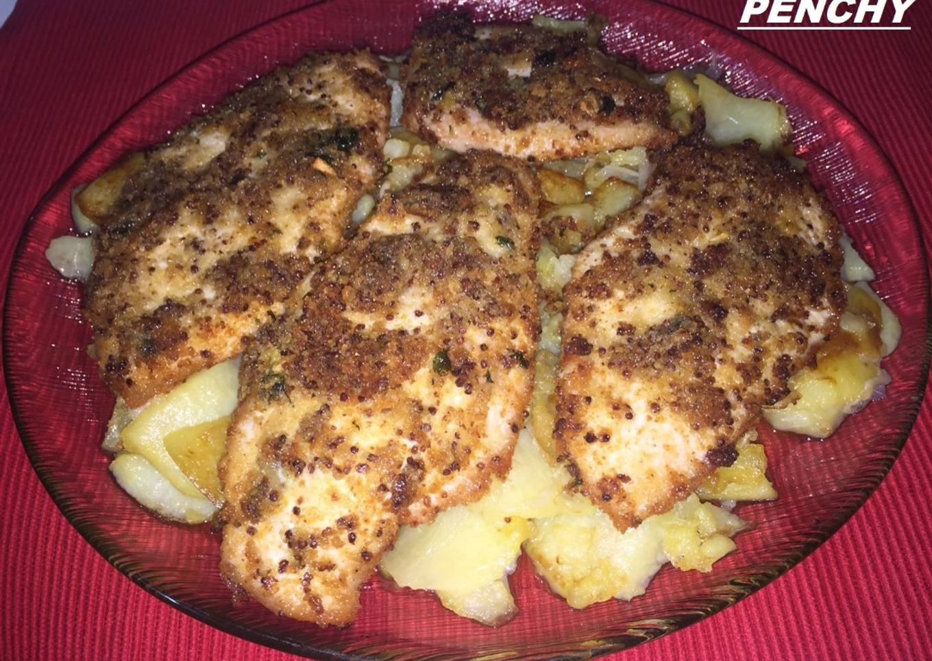 Pechugas de pollo crujientes con mostaza a la antigua