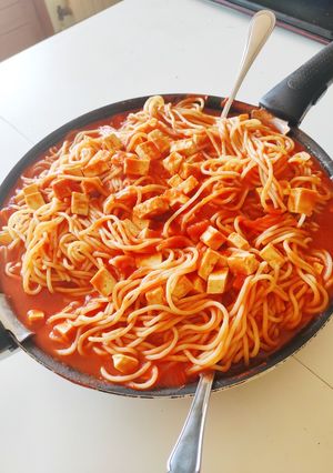 Une photo de Pates aux dès de soja (vegan)