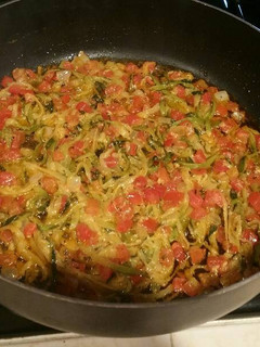 A picture of Zucchini Noodles in a Buffalo Zoodle Sauce.