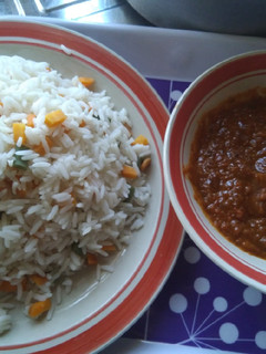 A picture of White Rice and Vegetable, with stew.