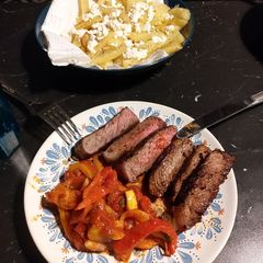 Harissa steak with pepper and lemon sauce A picture of Harissa steak with pepper and lemon sauce.