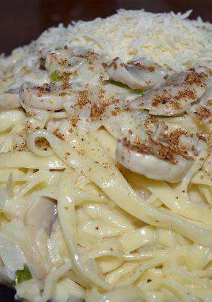 Una foto de Pasta a la crema de roquefort y champiñones