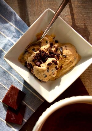 A picture of Coffee ice cream ☕️ with dark chocolate 🍫 chips!!.