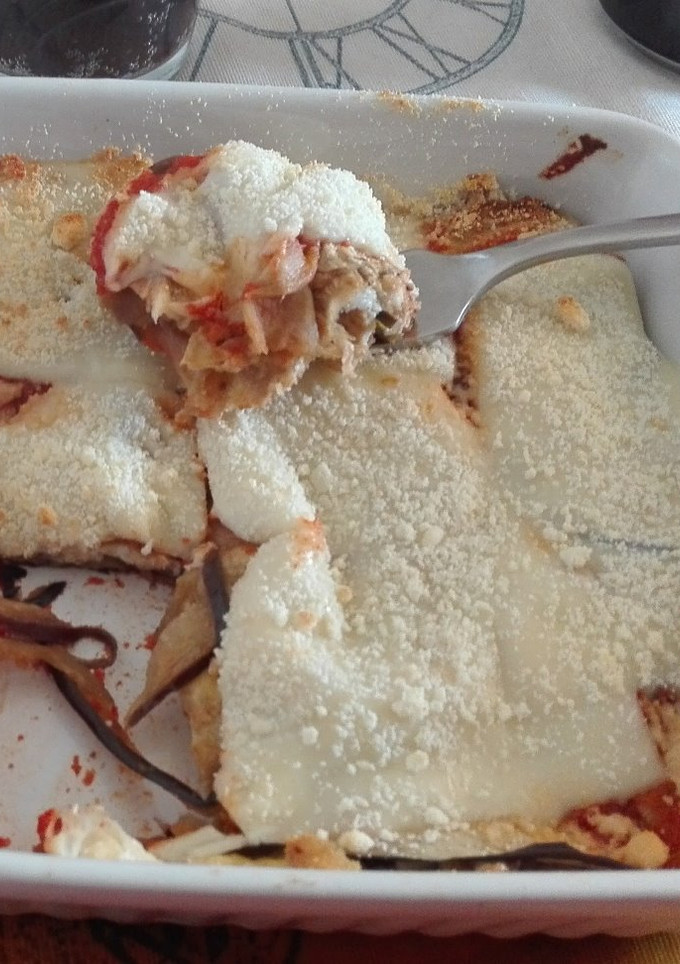 Una foto de Lasaña de berenjena y tortilla francesa