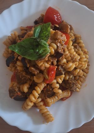 A picture of Pasta with Cherry Tomatoes and Eggplant.