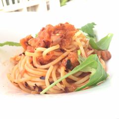 A picture of Spaghetti With Herring And Sauerkraut In Tomato Sauce.