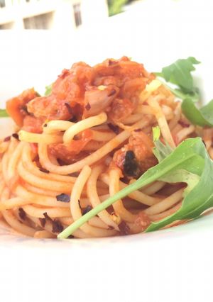A picture of Spaghetti With Herring And Sauerkraut In Tomato Sauce.