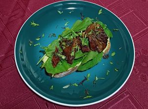 Una foto de Tostón vegano de pleurotus y tomates secos 🍄🍅 crema de cajú y girasol con vegetales :)