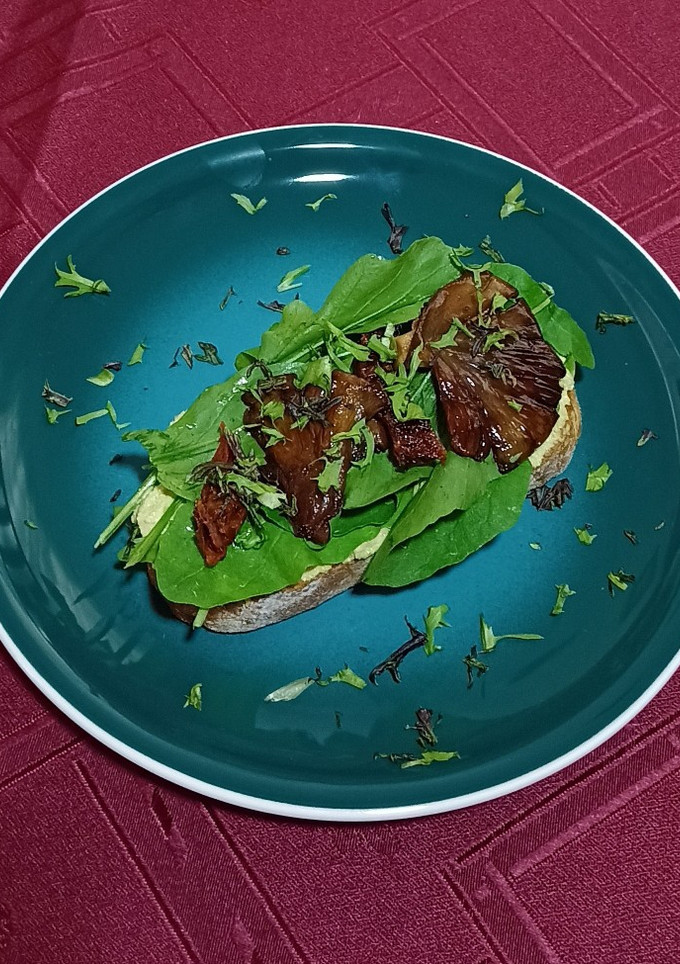 Una foto de Tostón vegano de pleurotus y tomates secos 🍄🍅 crema de cajú y girasol con vegetales :)