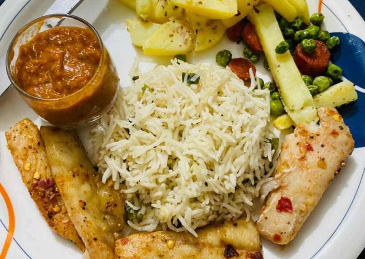 Easiest Way to Make Simple Baked fish with garlic rice sauté vegs n morrocon sauce