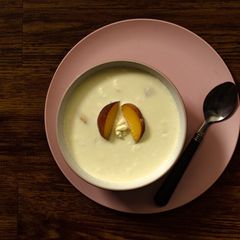 A picture of Refreshing Summer Peach Soup!!! aka Smoothie with fruit bits...#summerchallenge3.