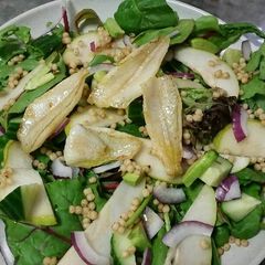 A picture of Pear and pearl cous cous salad w' baby fish fillets.