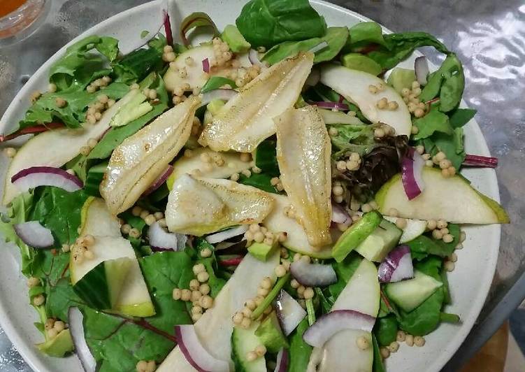 Best and Easiest Pear and pearl cous cous salad w&#39; baby fish fillets