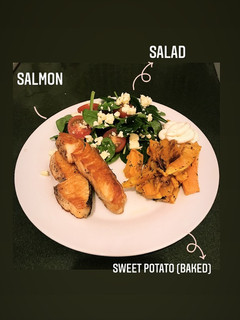 A picture of Triple S (salmon, sweet potato, salads).