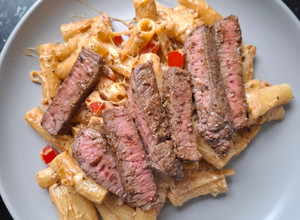 A picture of Steak and Italian pasta.