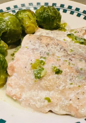 A picture of Salmon and Brussel Sprouts Dinner.