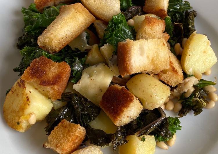 Cornish new potatoes with kale, Buttered croutons, pine nuts and Cornish blue cheese